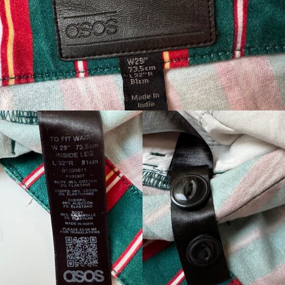 ASOS Red Green Pinstripe Regular Fit Cotton Mid Rise Pants Medium W29 - Picture 12 of 12